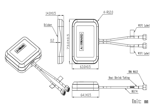 GNSSGPS و GSM/3G Combo Antenna Dimension Drwaing