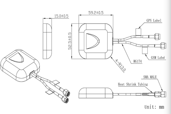 Combo Antenna Gpsglonass و LTE أبعاد